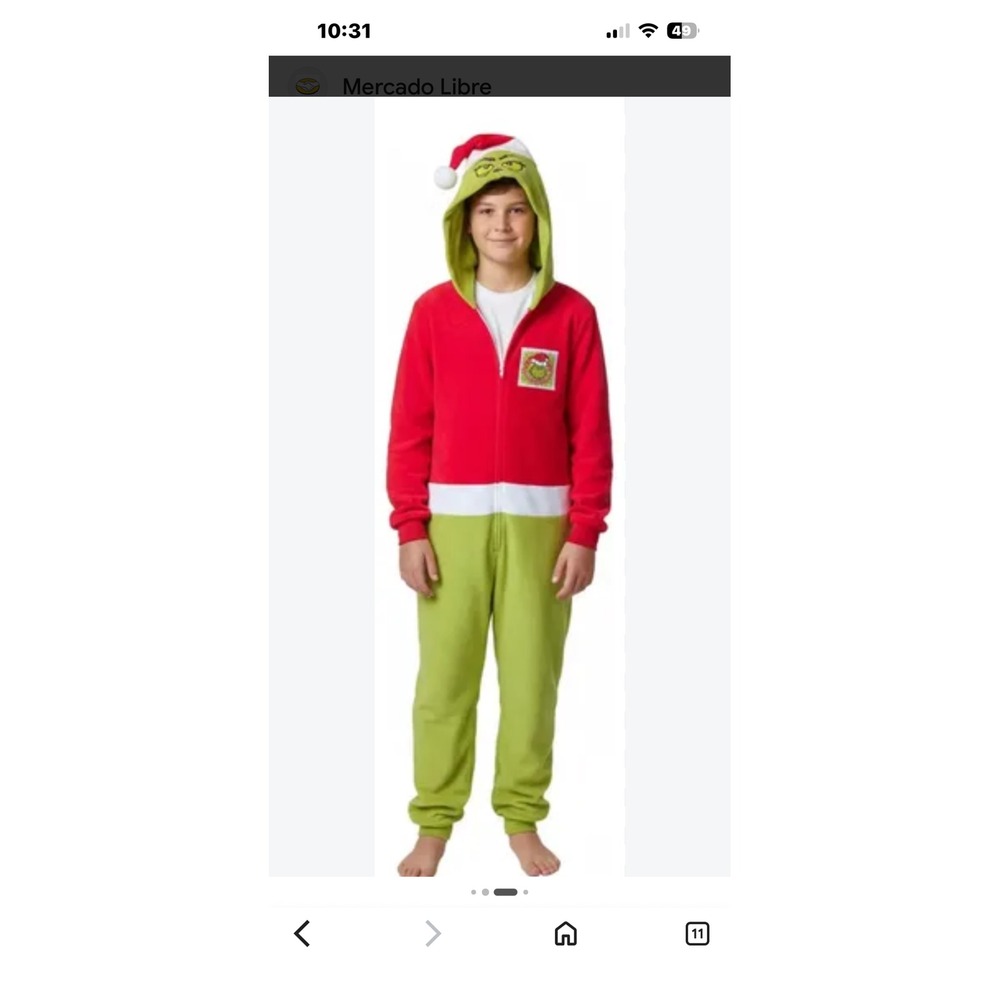 Dr Seuss Grinch Christmas One Piece Pajamas L 10/12 Hooded Fleece Union Suit